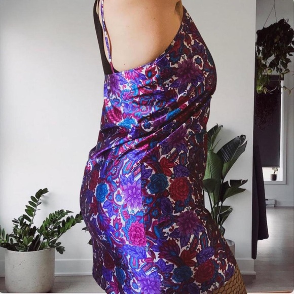 Vintage 90โ๐ Floral Mini Slip Dress Neon Purple Bright Medium - Picture 5 of 10